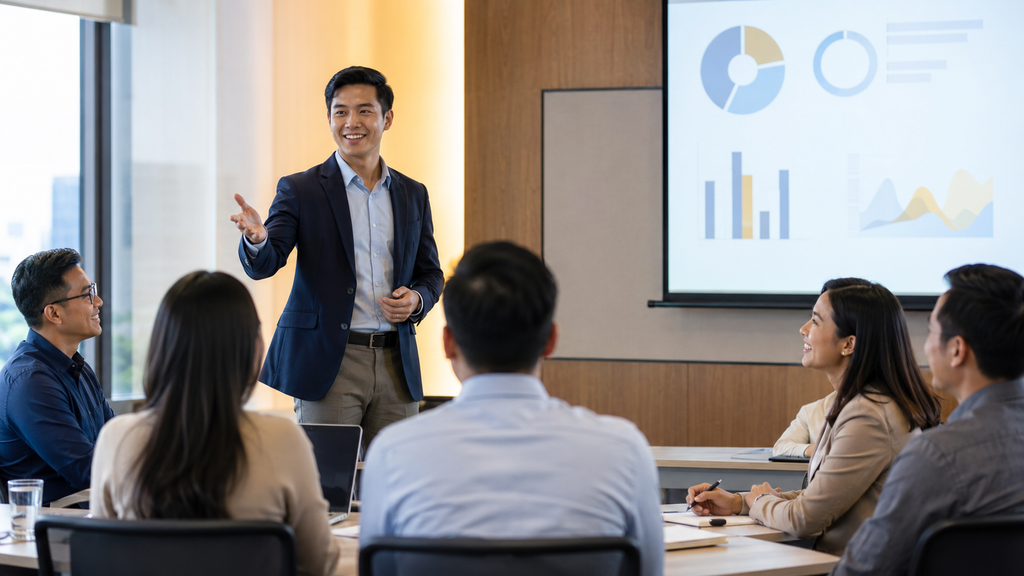 Lulusan Pendidikan Bisnis bekerja sebagai corporate trainer di ruang pelatihan