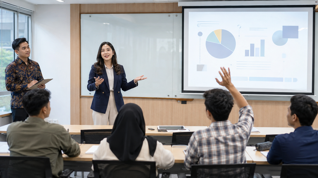 Mahasiswa Pendidikan Bisnis sedang praktik microteaching di kelas